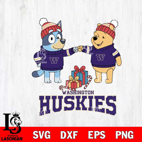 Washington Huskies Bluey With Winnie The Pooh Christmas File Cut, NCAA SVG DXF EPS PNG FILE, Digital Download,Instant Download, Silhouette