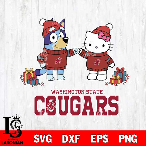 Washington State Cougars Bluey With Hello kitty Christmas File Cut, NCAA SVG DXF EPS PNG FILE, Digital Download,Instant Download, Silhouette