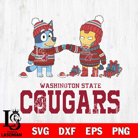 Washington State Cougars Bluey With Iron man Christmas File Cut, NCAA SVG DXF EPS PNG FILE, Digital Download,Instant Download, Silhouette