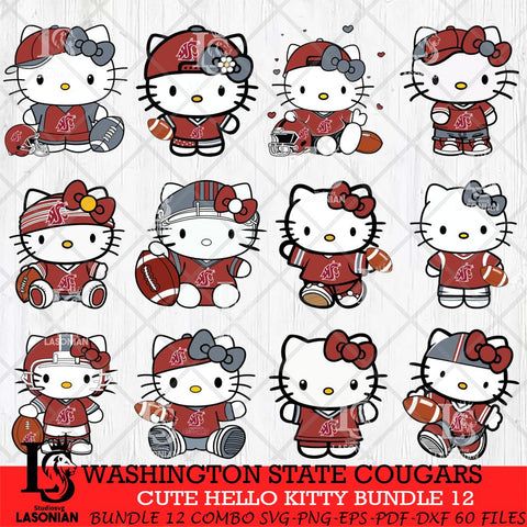 Washington State Cougars Cute Hello Kitty Bundle 12 SVG Eps Dxf Png File, NCAA Bundle svg, Digital Download, Instant Download