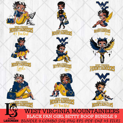 West Virginia Mountaineers Black Fan Girl Betty Boop Bundle 9, Svg Eps Dxf Png File, Digital Download