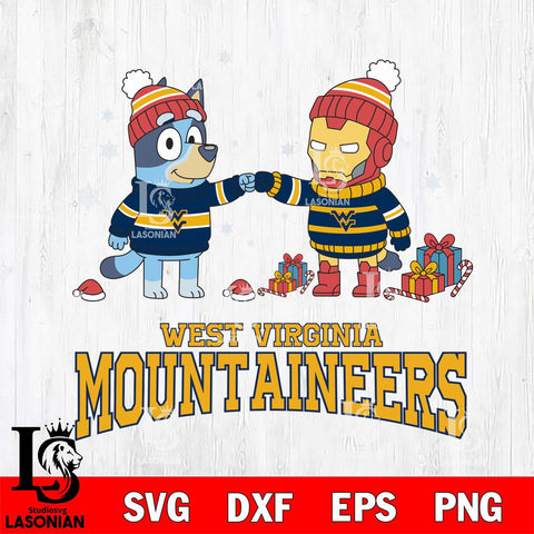 West Virginia Mountaineers Bluey With Iron man Christmas File Cut, NCAA SVG DXF EPS PNG FILE, Digital Download,Instant Download, Silhouette