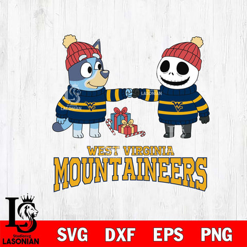 West Virginia Mountaineers Bluey With Jack Skellington Christmas File Cut, NCAA SVG DXF EPS PNG FILE, Digital Download,Instant Download, Silhouette
