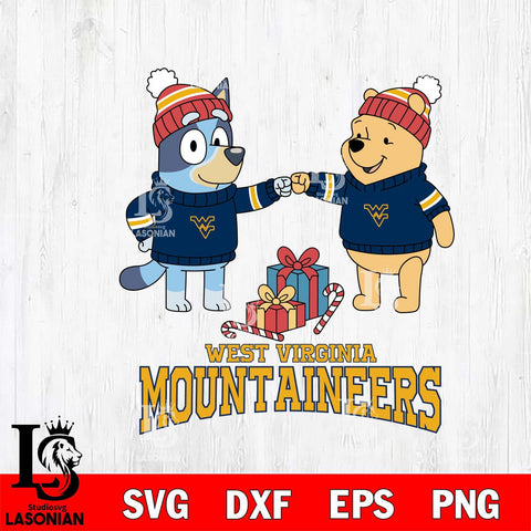 West Virginia Mountaineers Bluey With Winnie The Pooh Christmas File Cut, NCAA SVG DXF EPS PNG FILE, Digital Download,Instant Download, Silhouette