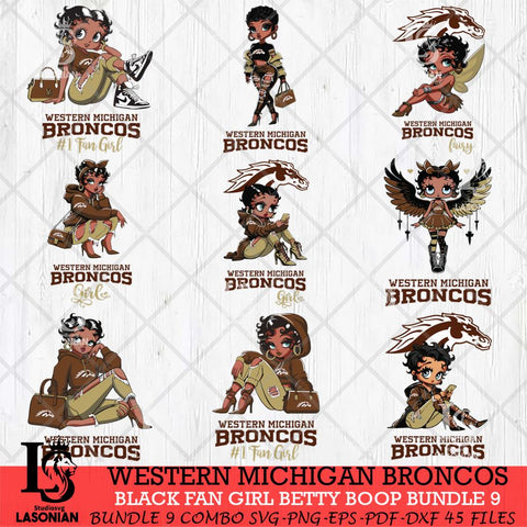 Western Michigan Broncos Black Fan Girl Betty Boop Bundle 9, Svg Eps Dxf Png File, Digital Download
