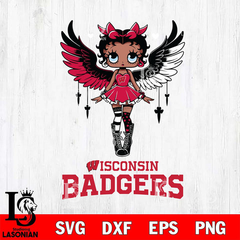 Wisconsin Badgers Anglel Black Fan Girl Betty Boop, Svg Eps Dxf Png File, Digital Download