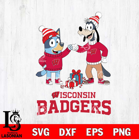 Wisconsin Badgers Bluey With Goofy Christmas File Cut, NCAA SVG DXF EPS PNG FILE, Digital Download,Instant Download, Silhouette