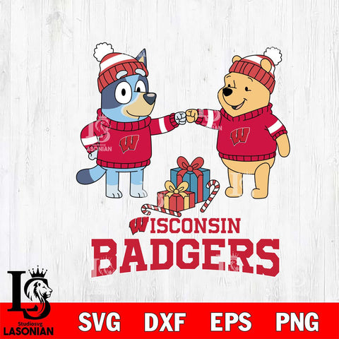 Wisconsin Badgers Bluey With Winnie The Pooh Christmas File Cut, NCAA SVG DXF EPS PNG FILE, Digital Download,Instant Download, Silhouette