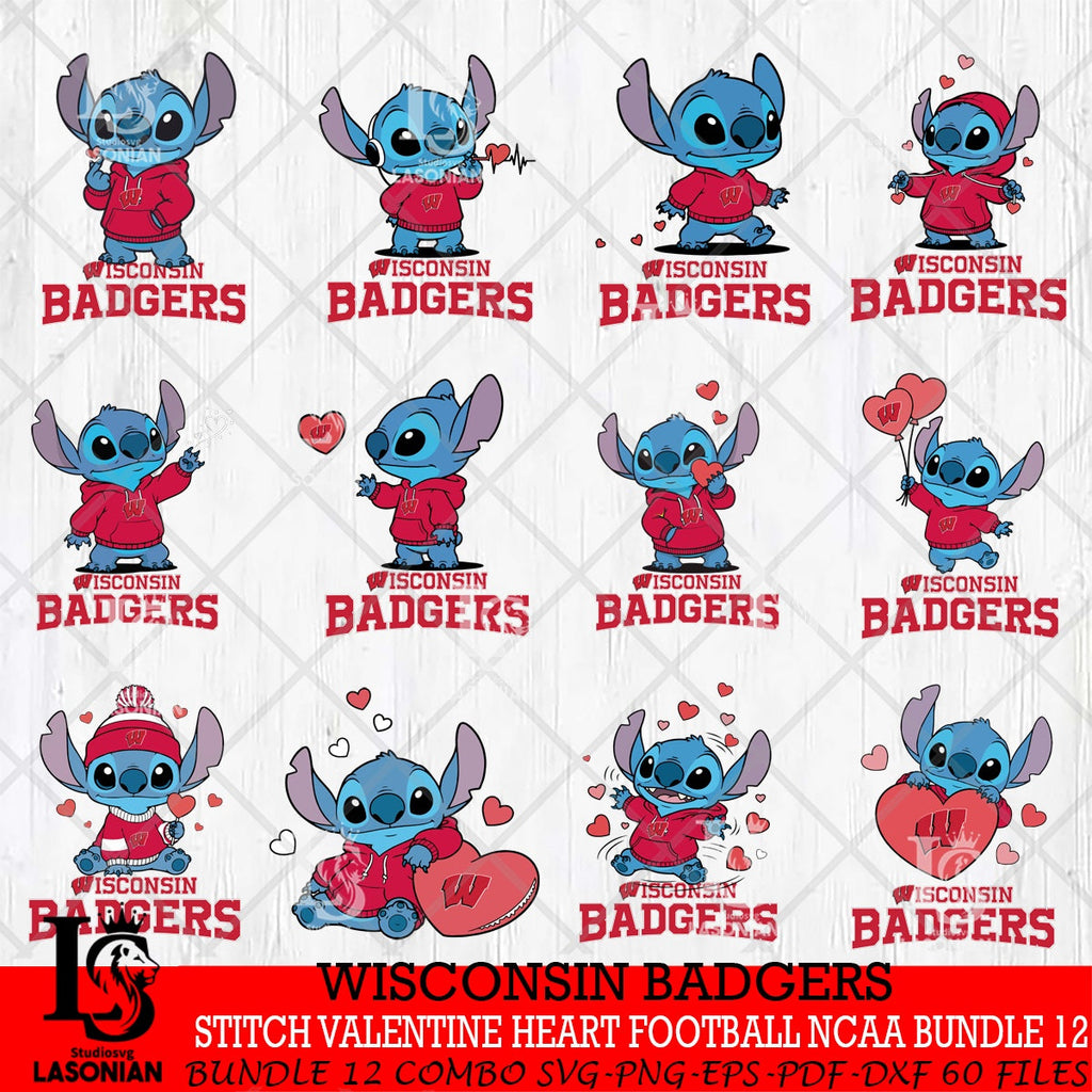 Wisconsin Badgers Stitch Valentine Heart Football NCAA Bundle File cut ...
