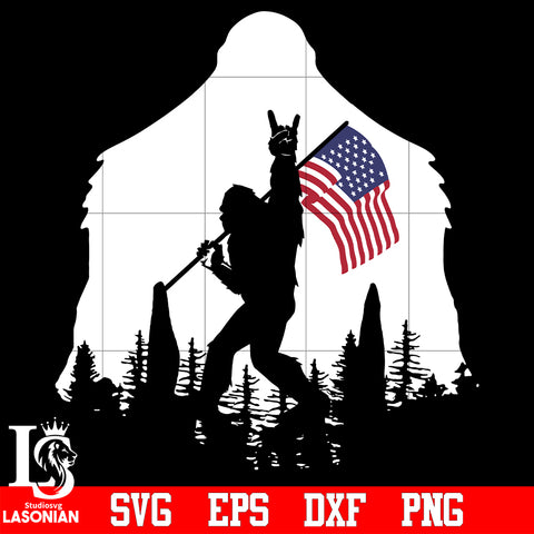 Bigfoot Victory Rock And Roll Silhouette American Flag In The Forest America Independence Day svg eps dxf png file