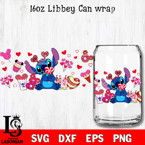 Stitch valentines 16oz Libbey Can Glass, Valentines Day Tumbler Wrap svg eps dxf png file, digital download